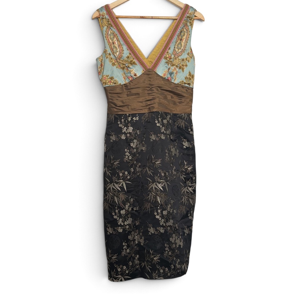 Vintage phoebe Couture Mixed Media Satin Midi Dress Paisley Bamboo Jacquard